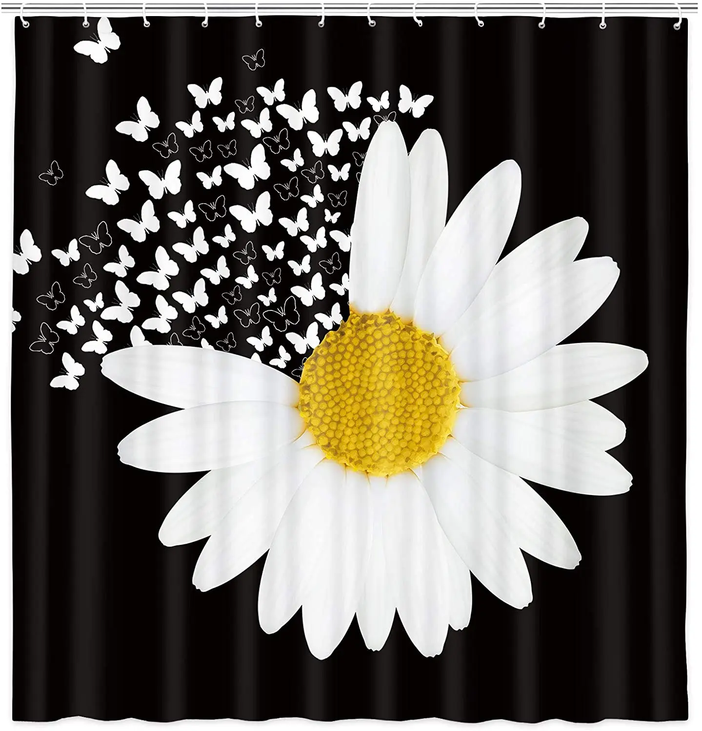 Butterfly Daisy Flowers Shower Curtain Yellow Flower Fabric Shower Curtain with Hooks Black White Bathroom Bath Curtains