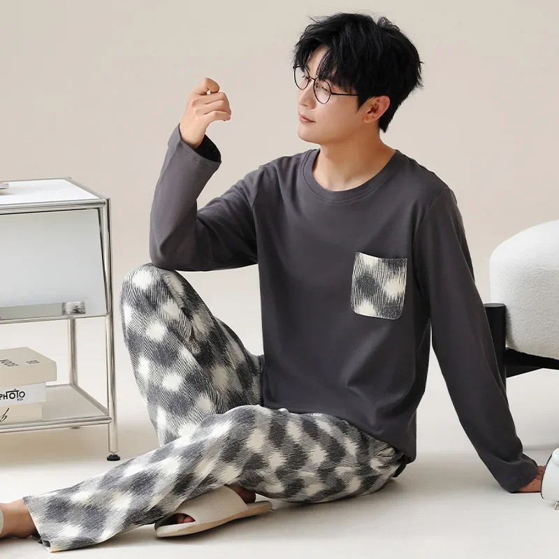 2024 Cotton Homewear for Man Autumn Long Sleepwear Big Size L-3XL Nightwear Korean Fashion Pullover Pajamas Set Young Boy Male