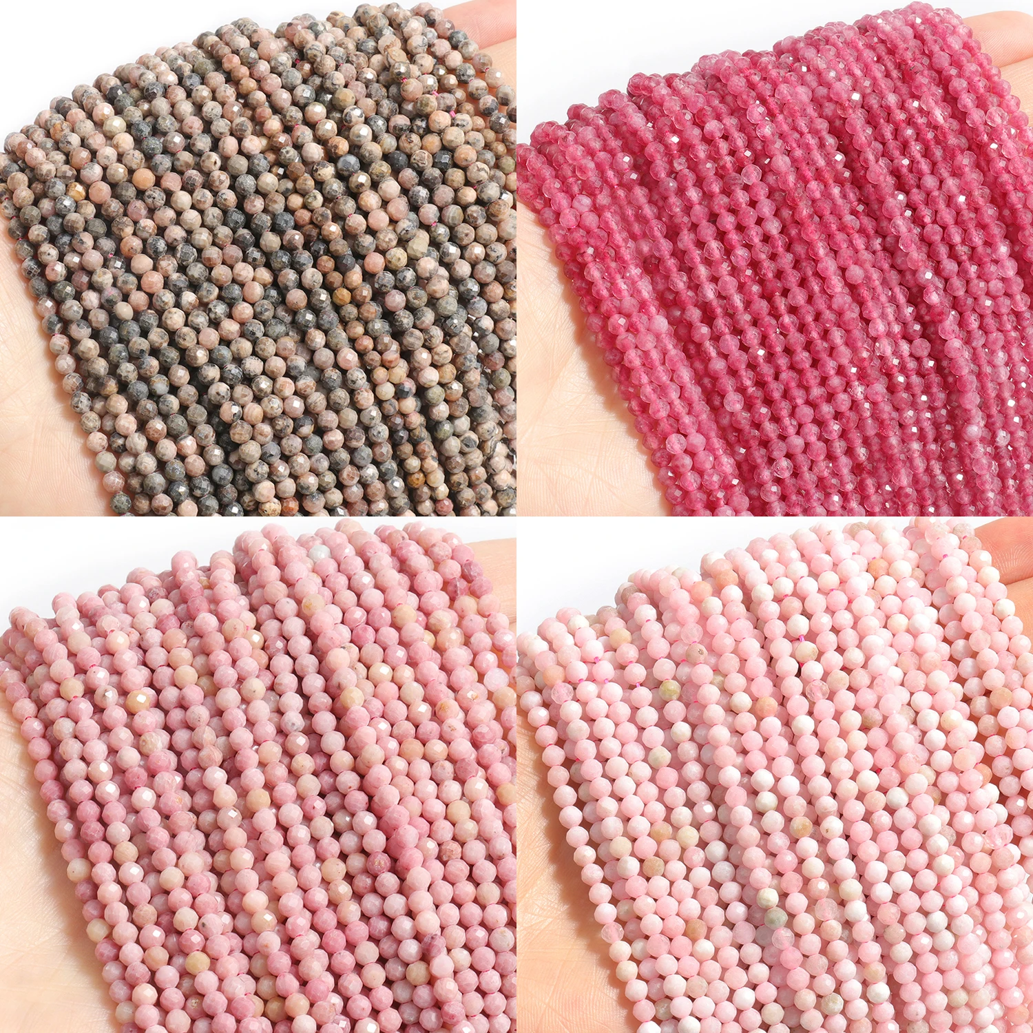 2 3 4mm Natural Faceted Pink Zebra Tourmaline Rhodonite Opal Gem Stone Beads Round Mineral Beads For Jewelry Making DIY Bracelet