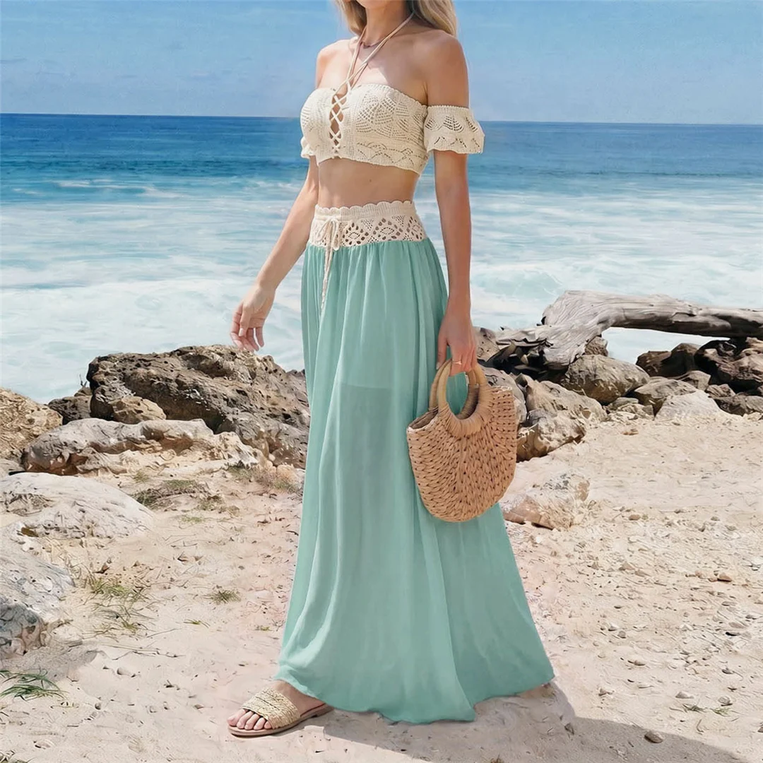 S - XL, zweiteiliger Anzug mit freiem Schulterbereich, gehäkelt, ideal als Strandkleid oder Strandüberwurf, Strandmode, Damen, V8218G. – Detail 6