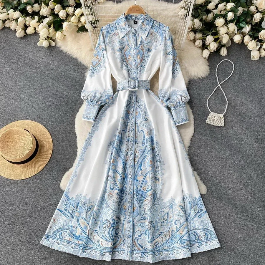 

Autumn Australian High Elastic Comfort Court Style Long Sleeve Flower Print Dress Women Holiday Dress Elegant Classy Fashionable