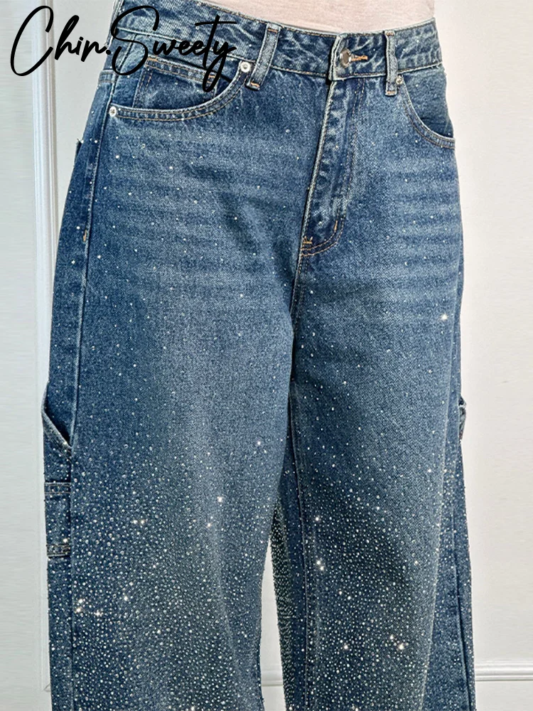 

Шикарные женские джинсы со стразами Y2k Street Oversize, свободные блестящие женские широкие брюки, весна-лето 2021, женские джинсовые брюки