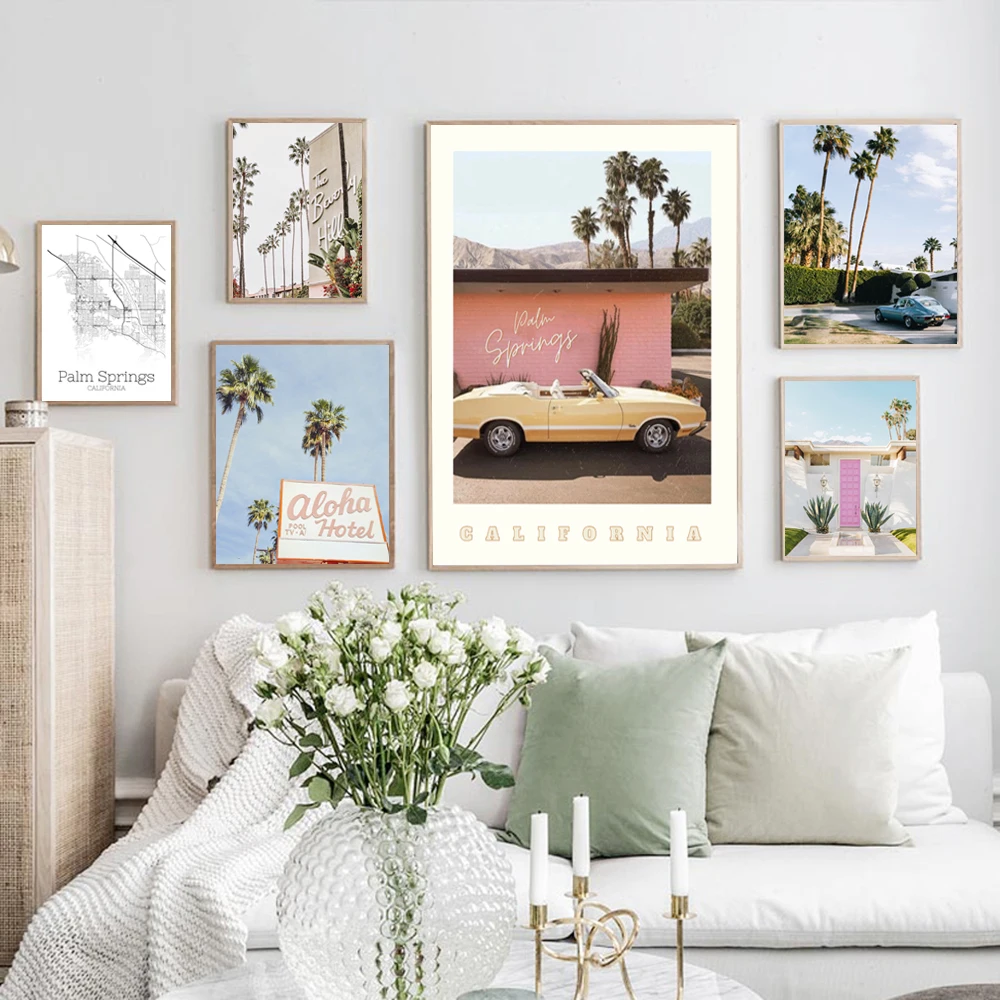 Palm Springs Map Posters and Prints Aloha Hotel Sign Art Canvas Painting Pictures Mid Century Modern Decor Guest Room Decoration