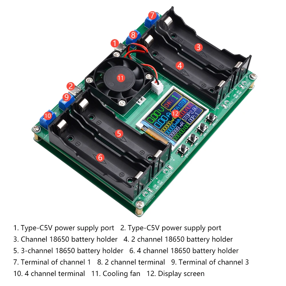 4 Channel Type-C LCD Display Battery Capacity Tester Lithium Battery Battery Power Detector Module for18650 Battery Tester