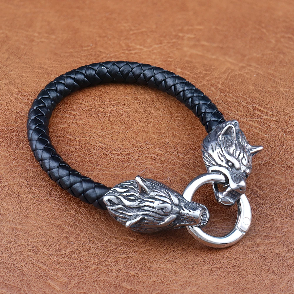 Pulsera de cuero con cabeza de lobo vikingo Simple de moda, pulseras clásicas de animales escandinavos, joyería masculina de acero inoxidable, triangulación de envíos