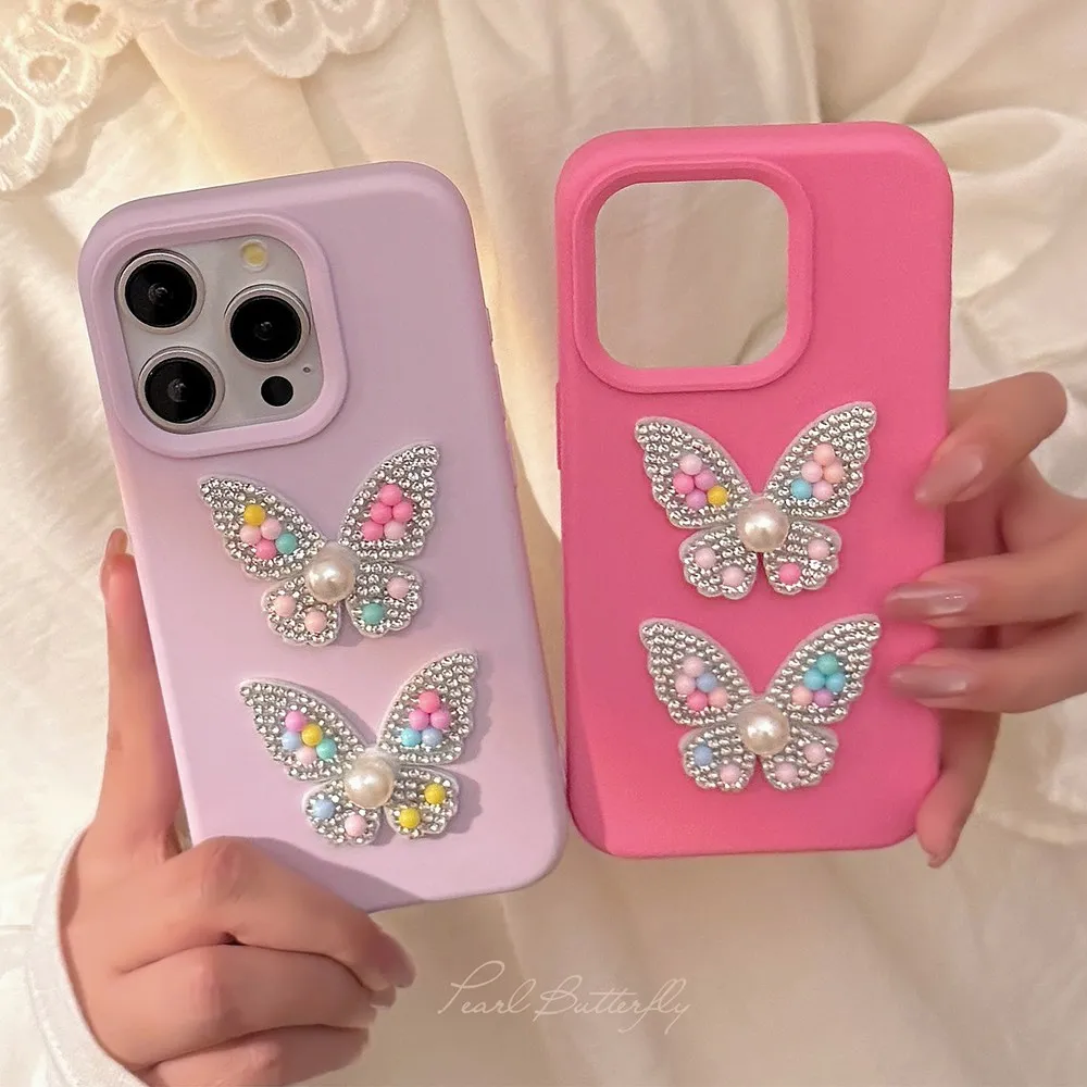 

Fashion 3D Pearl Butterfly Drop-proof Soft Silicone Cover For iPhone 16 11 12 13 14 15 Pro Max Cute Shockproof Back Cover