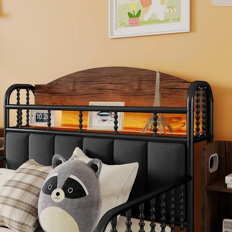 هيكل سرير بمنصة معدنية مزدوجة مع ضوء، سرير أطفال منجد مع أرفف تخزين قابلة للسحب، أسود - تاريخ الوصول 2025-10-05