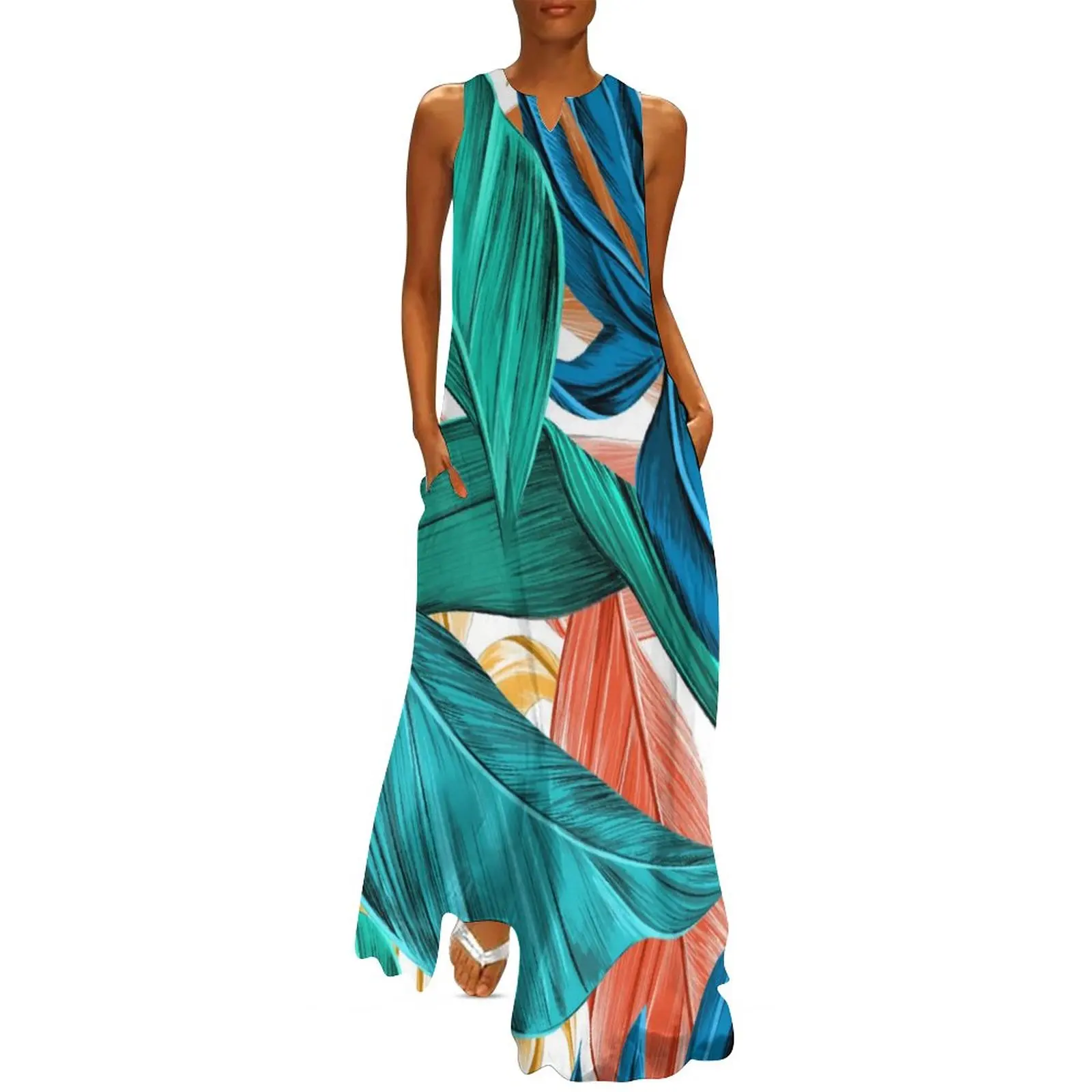 Tropical Leaves Dress Green And Blue Vintage Maxi Dress V Neck Pattern Boho Beach Long Dresses Aesthetic Oversized Clothes