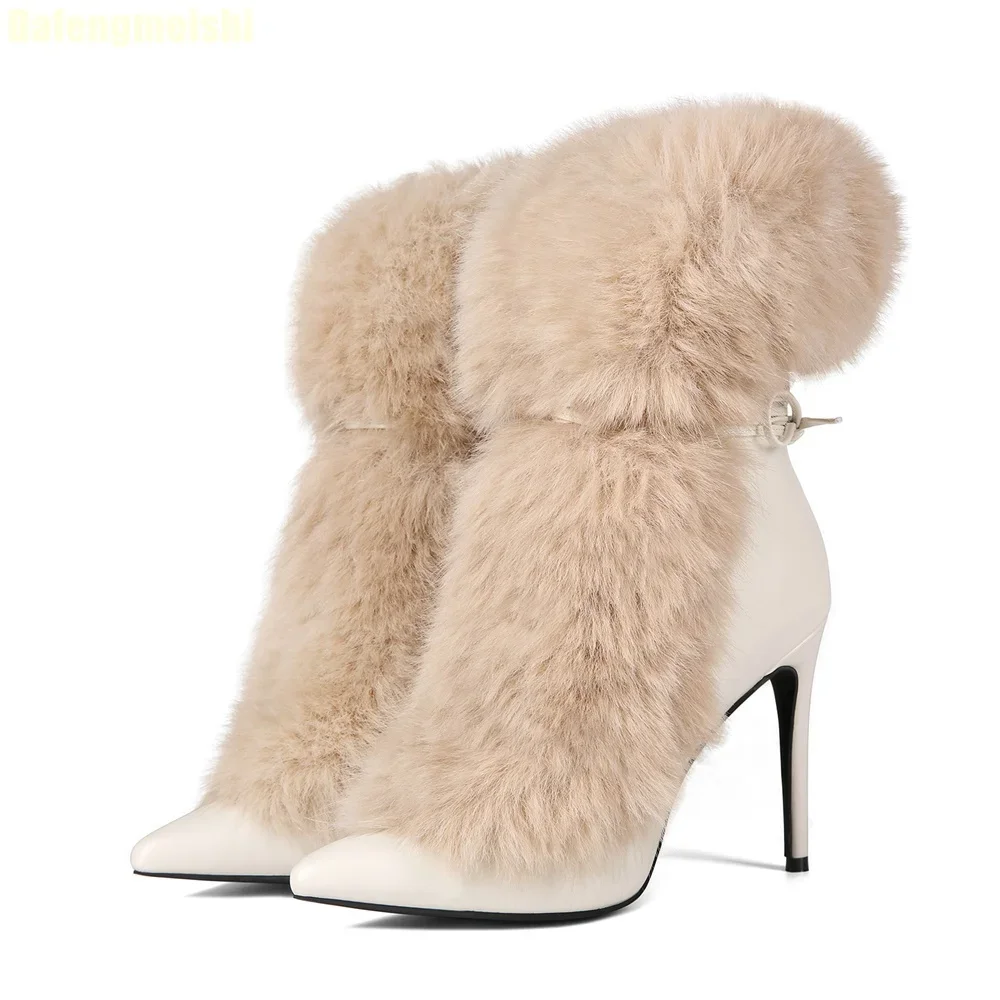 

2025 Winter Fur Warm Fashion Boots Pointed Toe High Heel Thin Heels Catwalk Ankle Boots Women White Ankle Strap Boots