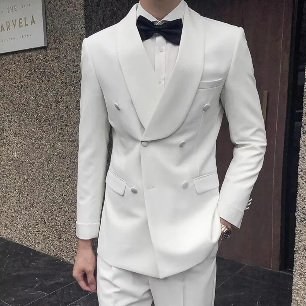 

Formal Wedding Suits for Men White 2 Pieces Jacket Pants Shawl Lapel Blazers Sets Double Breasted Banquet Office Costume Homme