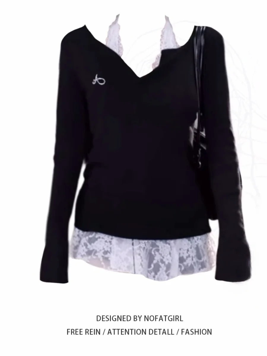 

plus Size Knitted Top Women's Sweet Spicy V-neck Embroidery Lace Hanging Neck Vest Set Early Autumn Fashion Ensemble