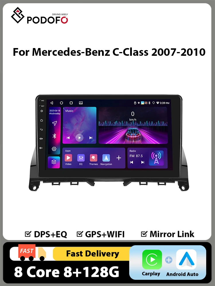 Podofo 9'' Autoradio für Mercedes-Benz C-Klasse W204 S204 2007-2010 Multimedia-Player Carplay Android Auto 8+128G 4G WIFI GPS DSP