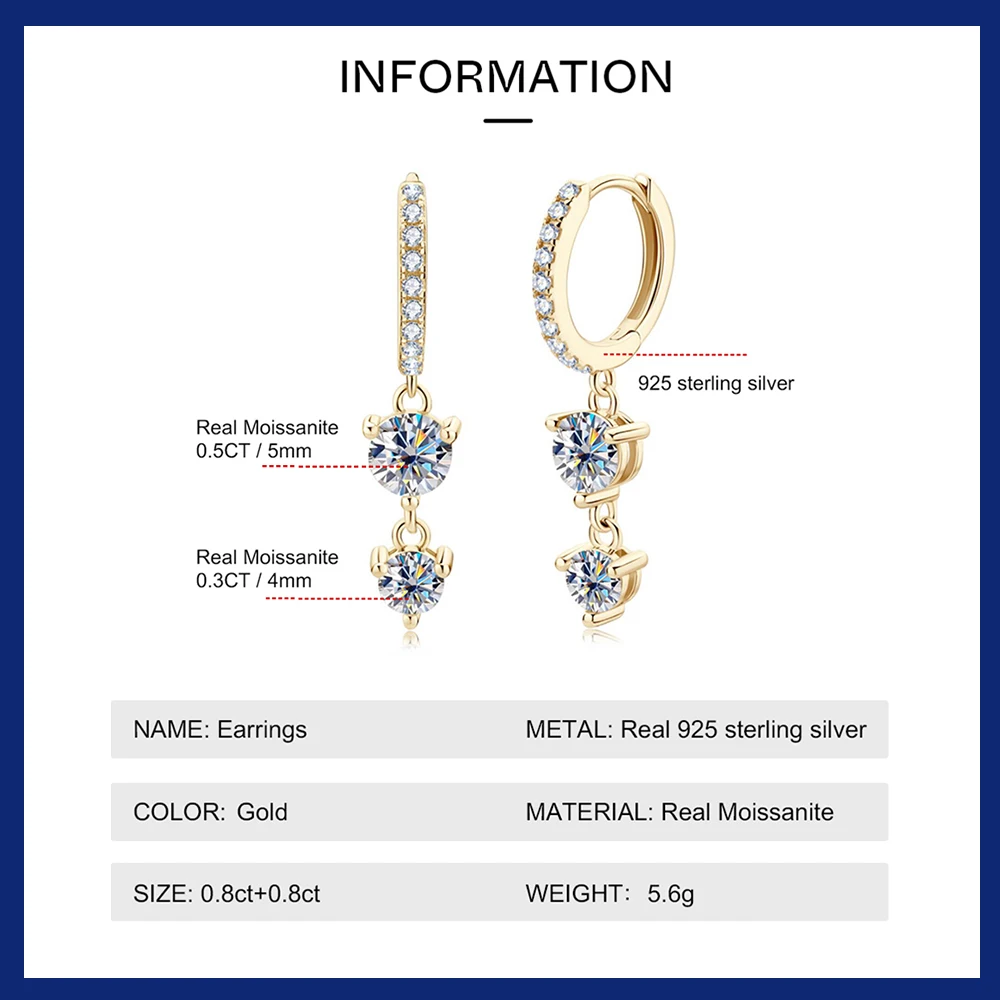 Sweetrain Real  D Color Full Moissanite Drop Earrings For Women S925 Silver 1.6 Carat Diamond Earring Wedding Party Fine Jewelry