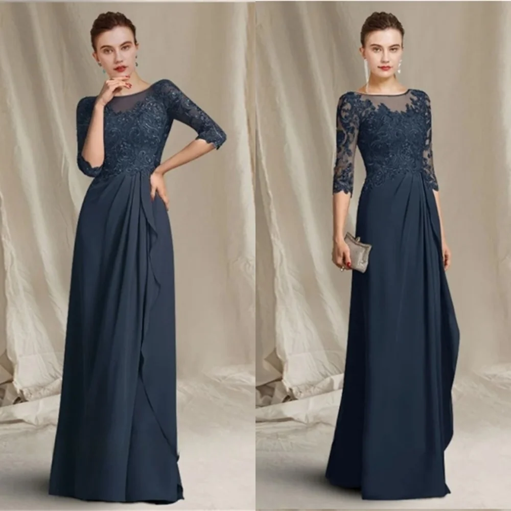 Customized Exquisite Dark Blue Jersey Evening Dress Temperament Crew Neck Long Sleeves Cocktail Dress Classic Party Dress