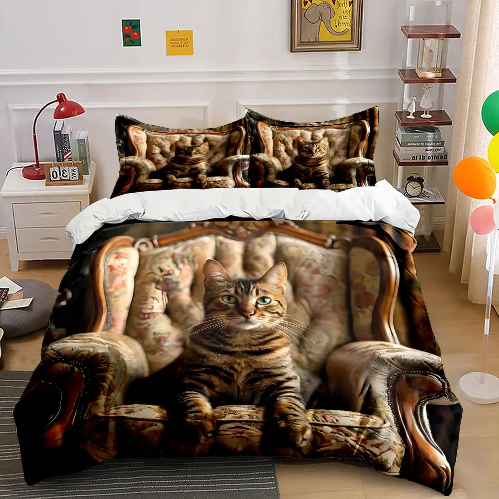 Graceful tabby cat on vintage chair Printed Duvet Cover Set 1 Duvet Cover+2 Pillowcase Multi Size Bedroom Bedding Decoration
