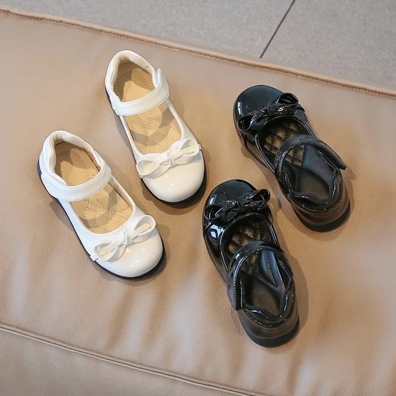 2025 New Kids Leather Shoes Black Uniform School Shoes Bow-knot Shallow Mary Janes Glossy Children Fashion Girls Casual Flats