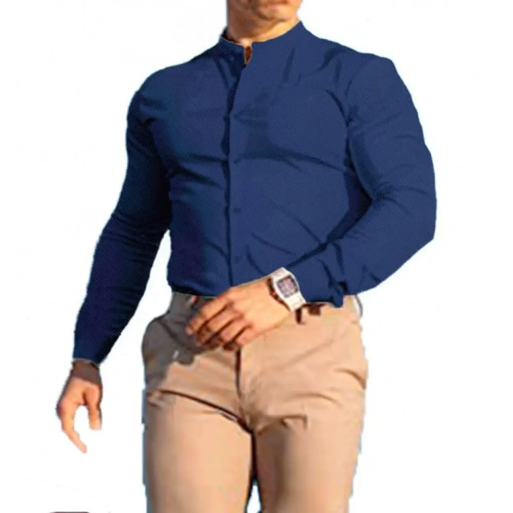 Mens Long Sleeve Slim Fit Shirt Button Up Solid Color Casual Breathable Comfortable Stretch Fabric Business Office Tops