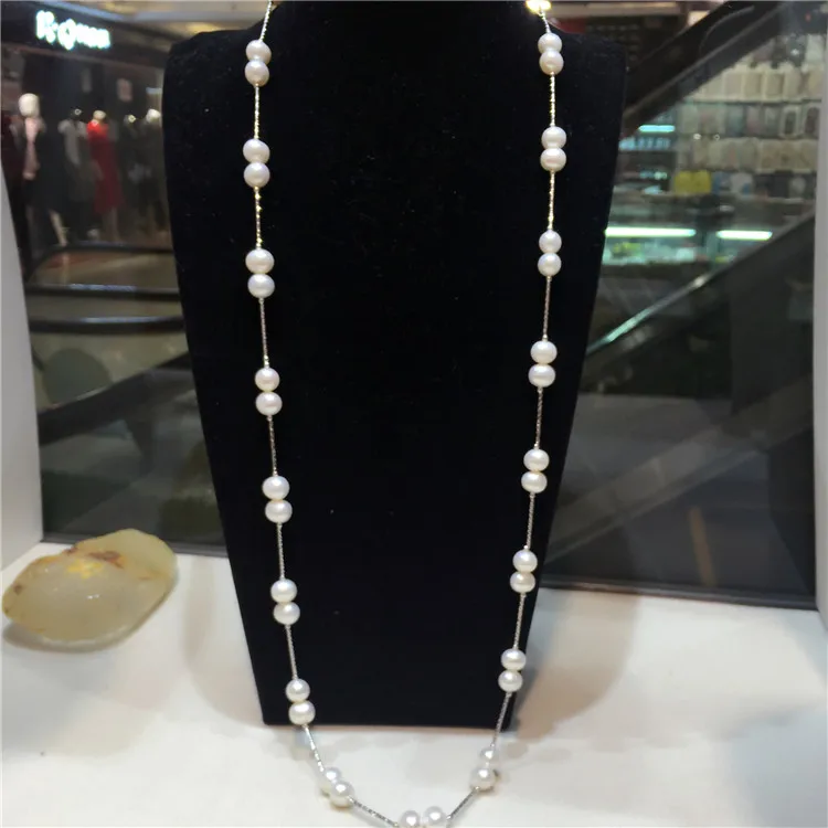 

New style long sweater chain natural 8-9mm white nearl round freshwater pearl necklace fashion jewelry