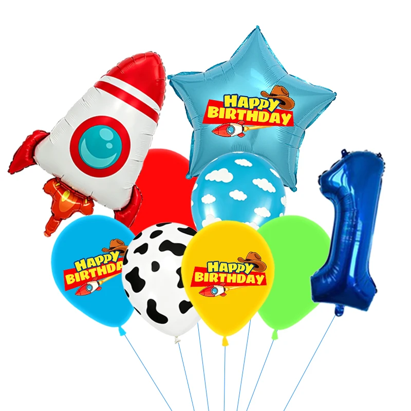 Rote, gelbe und grüne Spielzeugballons, hellblaue Ballons mit Wolken- und Kuhmuster für die Dekorationen zu Babystory- und Cowboy-Partys – Detail 2