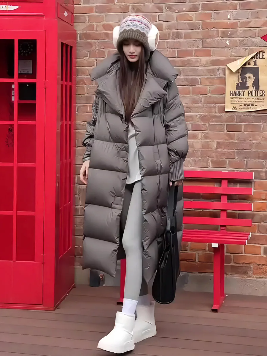 الشتاء الصلبة طويلة أسفل سترة الإناث سميكة الدافئة في الهواء الطلق سترة أبلى المرأة الأبيض بطة أسفل فضفاضة الركبة طول أسفل سترة #2