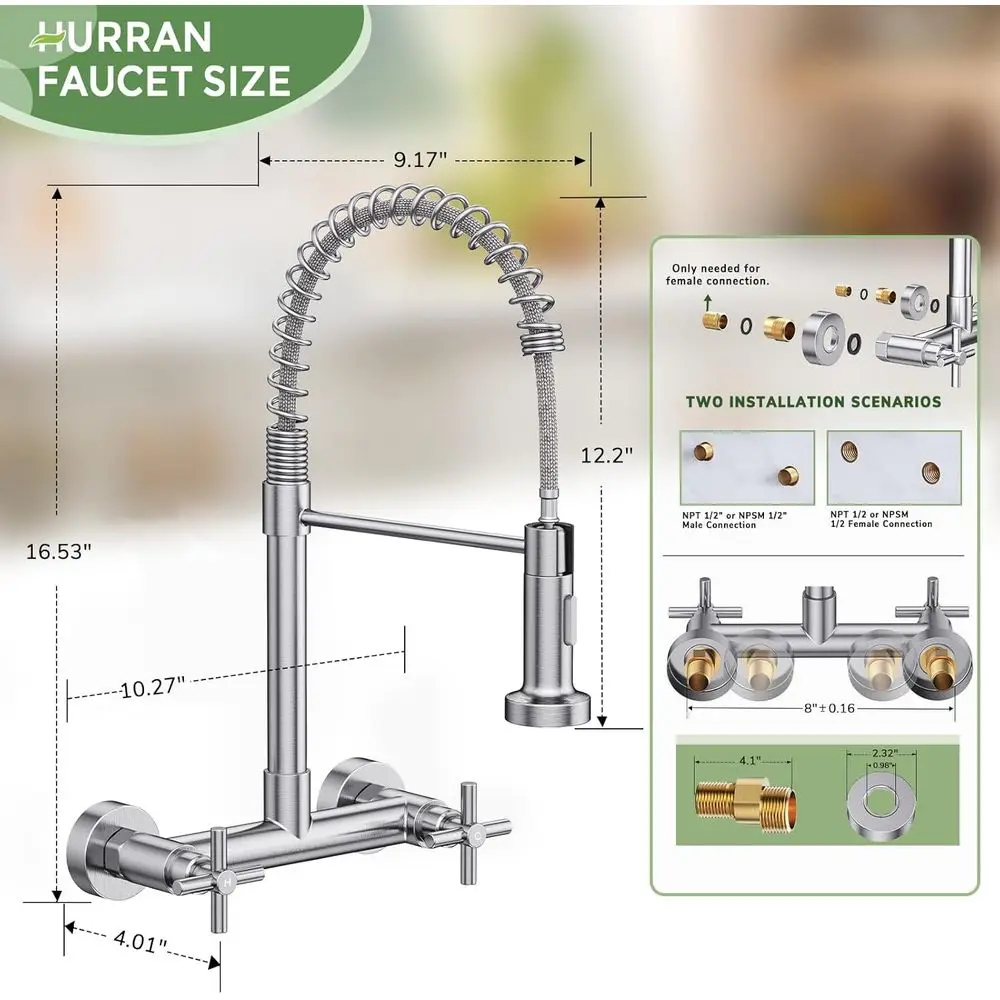 8 Torneira de montagem em parede com pulverizador pull-down de 2 alças em níquel escovado para cozinha e lavanderia