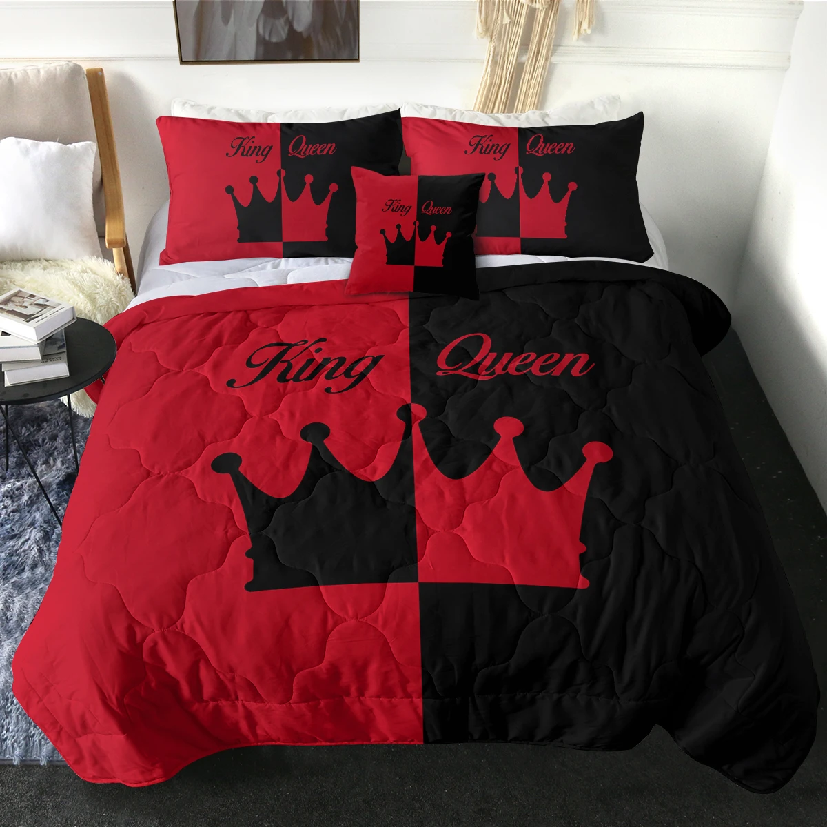 Unique Crown Design Quilt Set Half Red and Half Black Crown Comforter Set for Kids and Adults Modern Bedspread Home Decor