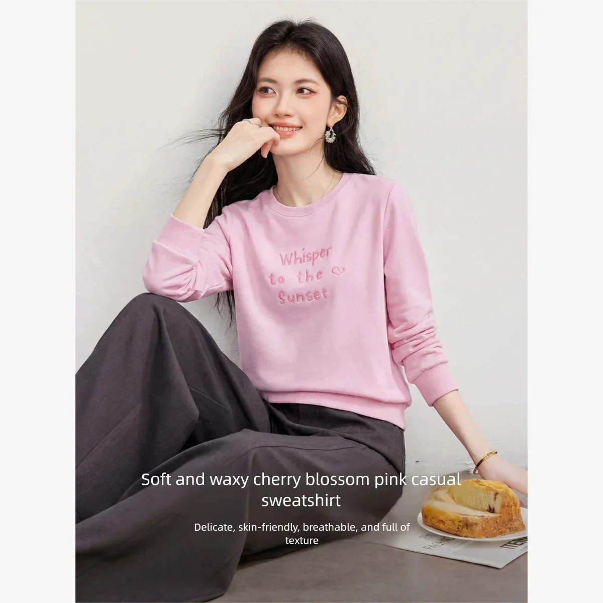 VIMLY Pink Letter Embroidered Sweatshirt Women Round Neck Casual Loose-fit Fashion Sports Sweatshirts Long Sleeve Pullover A6806