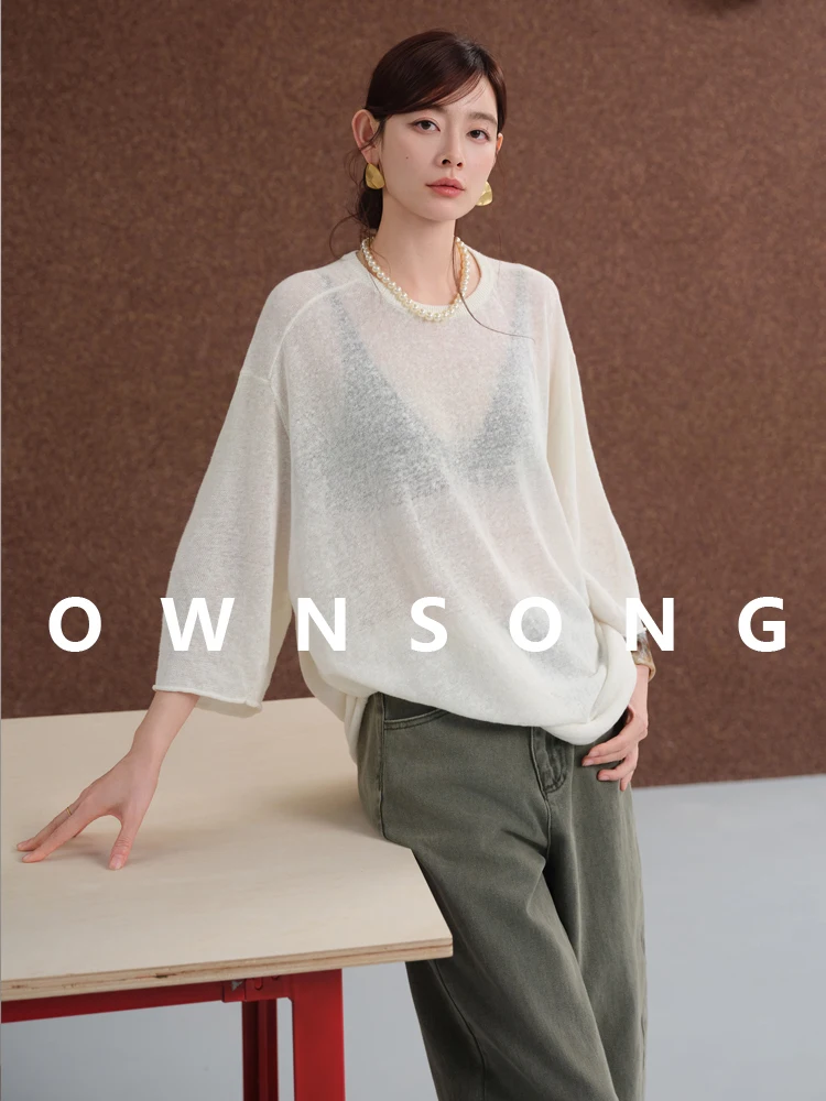 

Льняная вязаная футболка OWNSONG для женщин, летняя, свободного кроя, с круглым вырезом, средней длины, классическая, для повседневной носки, модный топ