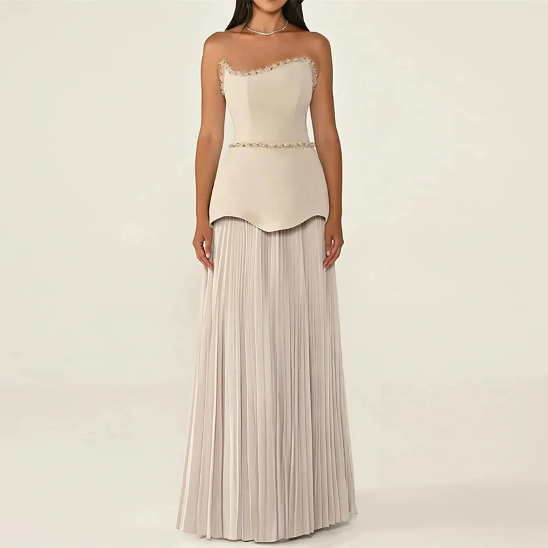 

Women's Off-White Strapless Evening Dress with Beaded Trim on Neckline Elegant and Noble Wedding Dress Formal Celebrations Dress