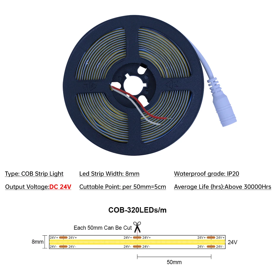 24V Ultra-Thin COB LED Strip 320LEDs/m 0.5m-10m Dimmable with Power Supply & Adhesive Backing for Under Cabinet Lighting Install