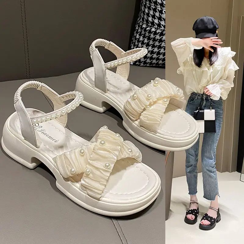 Outdoor Chunky Ladies Shoes Block Heel Sandals for Women Summer 2024 Thick Footwear Pearl Daily on Offer Wholesale Designer H F