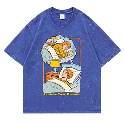 Achieve Your Dreams Washed Retro Men Tshirt Fashion Cotton Tee Clothes High Quality Breathable Tshirt Summer Loose Tops Couple