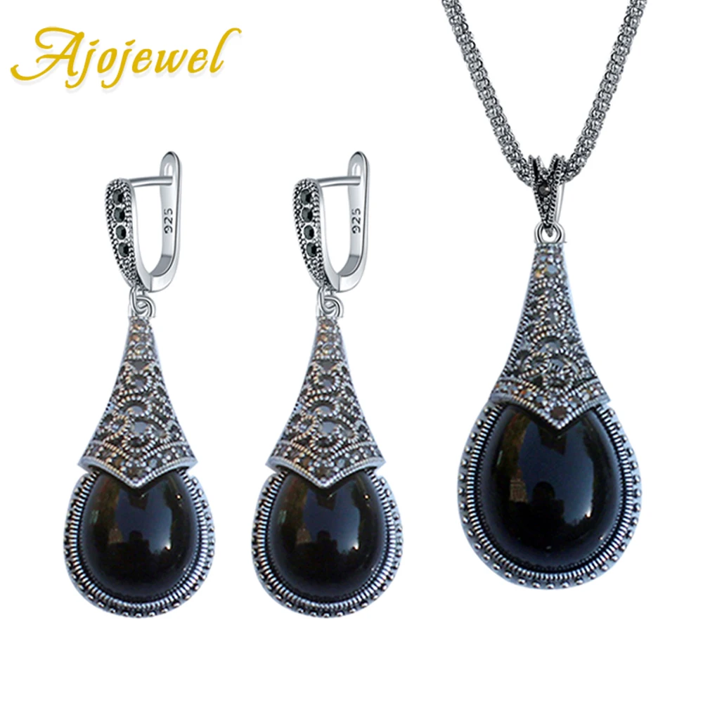 Ajojewel Original Waterdrop Vintage Jewelry Sets Of Necklaces And Earrings For Women With Black/Green/Red Stone