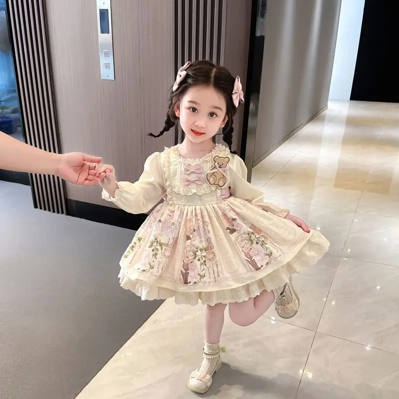 Autumn Cute Bear kids Vestido Spanish Girl Dress Baby Bow Princess Long sleeve  Lolita Dress For Girl Birthday outfit Lace