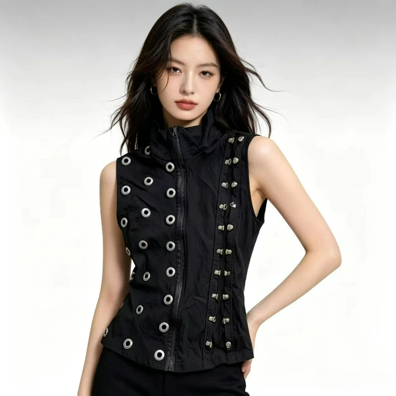 Japanese Gothic Punk Lolita Vests Women Vintage Metal Decoration Sleeveless Zipper Jackets High Street Harajuku Y2k Rivet Tops