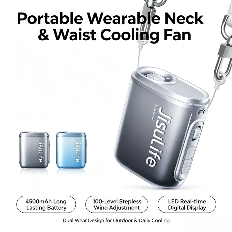 JISULIFE Portable Hanging Neck Fan 4500mAh Large Battery 100 Levels Wind Speed Adjustable LED Digital Display Rechargeable
