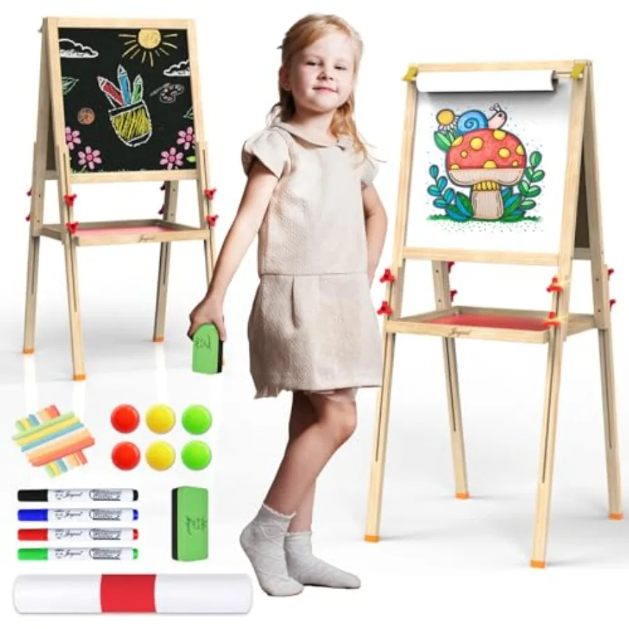 

Детский мольберт для творчества (4-8 лет), регулируемый деревянный мольберт-доска для малышей, магнитная белая доска для рисования мелками, сухостираемая.