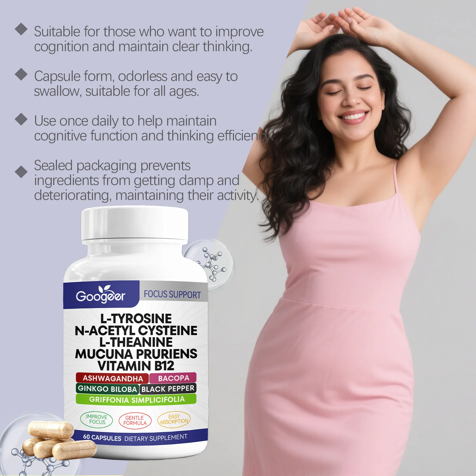 Premium Brain Booster Capsules Natural Nootropic Supplement Support Mental Clarity Concentration Memory & Brain Health