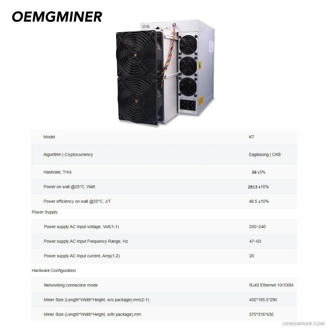 Bitmain Antminer K7 63,5 Th/s CKB Miner, Réseau Nervos, Puissance 3080W