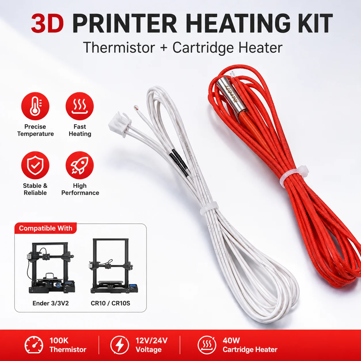 Ender3 100K Thermistor 12V/24V 40W Heizpatrone für CR10 CR10S Ender3V2 Ender 3 3D-Druck Hotend-Teile Thermistor-Heizstab