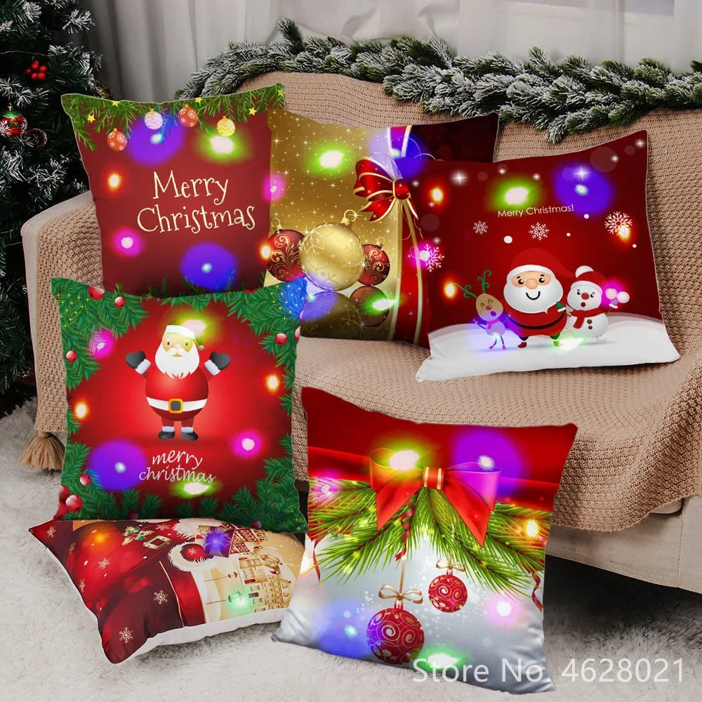 

LED Christmas Cushion Cover Merry Christmas Decorations 40x40cm Santa Claus Elk Wreath Cushion Cover Pillowcase New Year Gifts