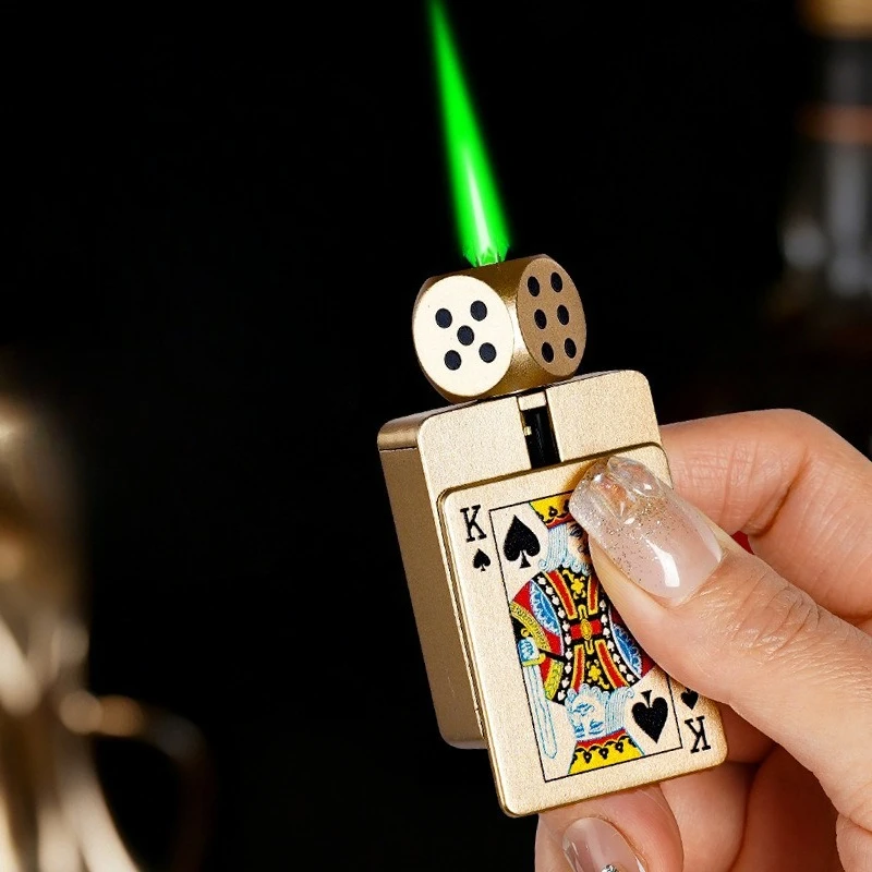 New Rotating Dice Playing Cards Green Flame Inflatable Lighter Men's Cigarette Lighter Gadget