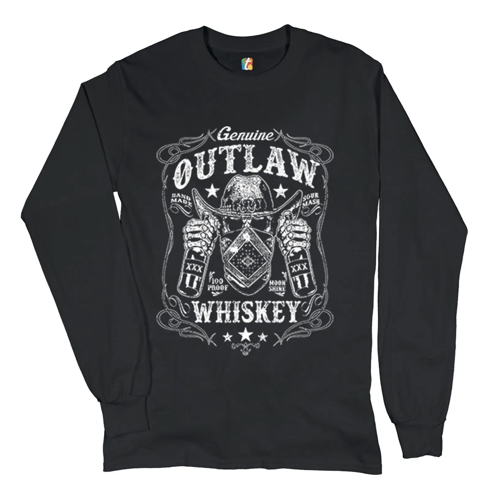 

Genuine Outlaw Whiskey Long Sleeve T-shirt XXX Sour Mash Moonshine Drinking