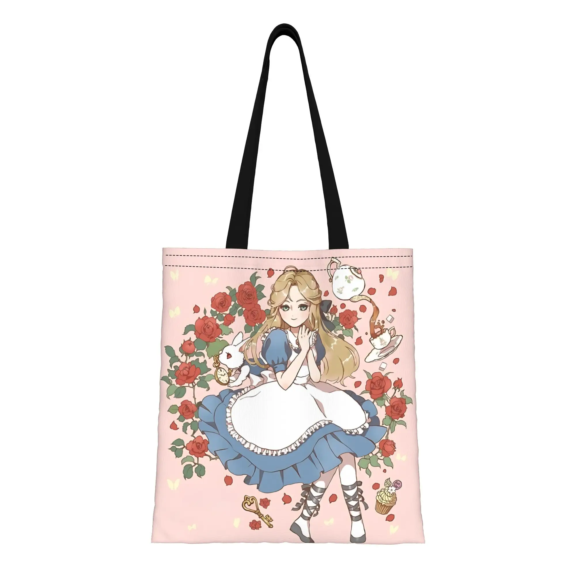 

1 шт. холщовая сумка-тоут в стиле Алисы в Стране чудес, с рисунком роз, для женщин, на плечо, для школы, с героями мультфильмов Дисней