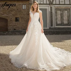 Gorgeous Wedding Dresses Sheer Neck Cap Sleeve A-Line Lace Appliques Button Tulle Bridal Gown Sweep Train Vestidos De Noiva