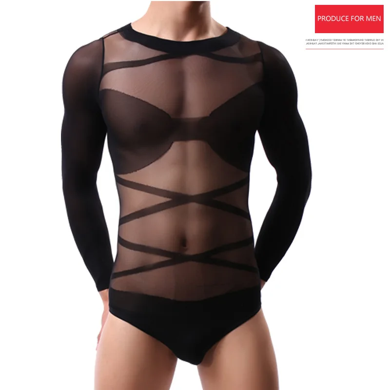 

Men Bodysuit Sexy Mesh Sheer Body Stockings Cross Strap Men Long Sleeves Pantyhose Underwear Jumpsuit Romper Gay Lingerie Bikini