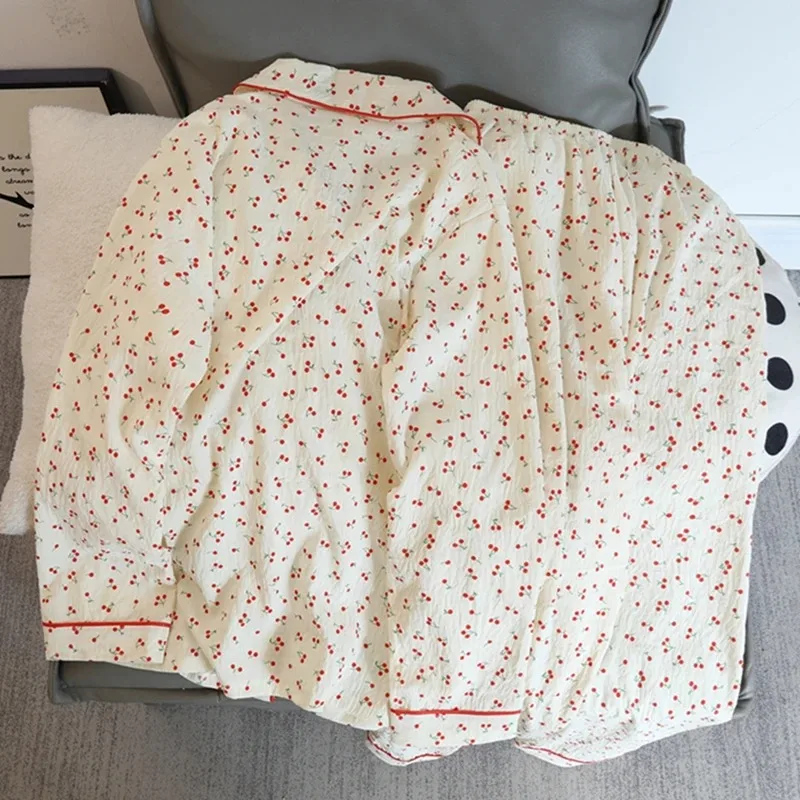 Conjuntos de pijamas de cerezas para mujer, ropa de dormir de primavera, conjuntos para mujer, cárdigan con solapa, conjunto de 2 piezas, pijama bonito y dulce para mujer, traje para casa