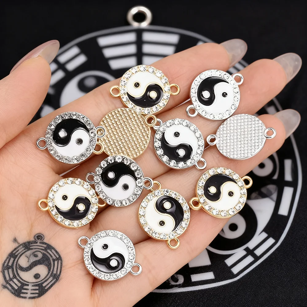 10Pcs Black and White Enamel Yin Yang Tai Chi Charms Connect Necklace Bracelet Jewelry Making Handcrafted Accessory Zircon Metal