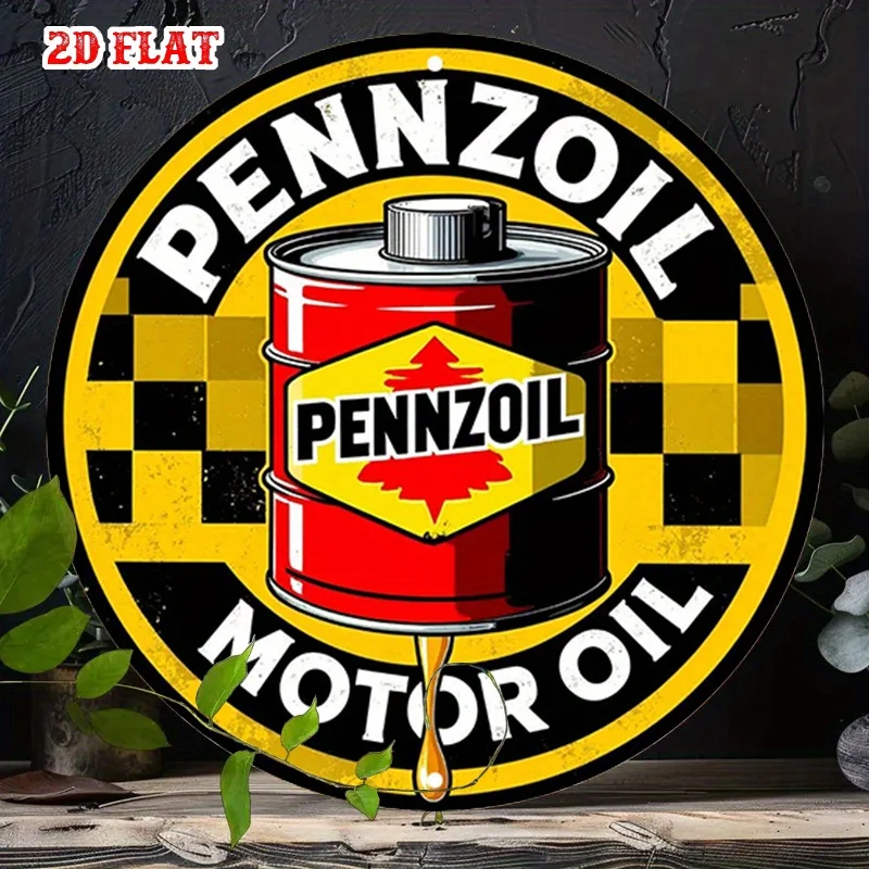 2D Flat, 1pc Racing Design Round Aluminum Sign - Pennzoil Brand Motor Oil Metal Tin Wall Decor, 7.87x7.87 Inch Black & Yellow Ch