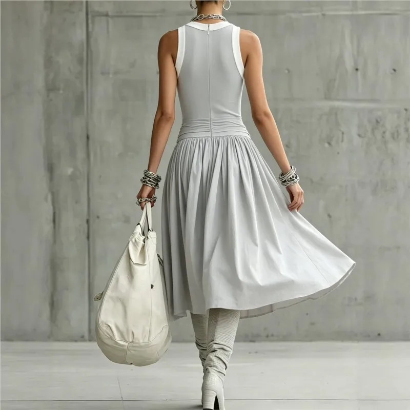 Women Elegant Contrast Color Midi Dress 2026 Summer Sleeveless High Waist Tie Pleated Casual Dresses Vintage Party Vestidos